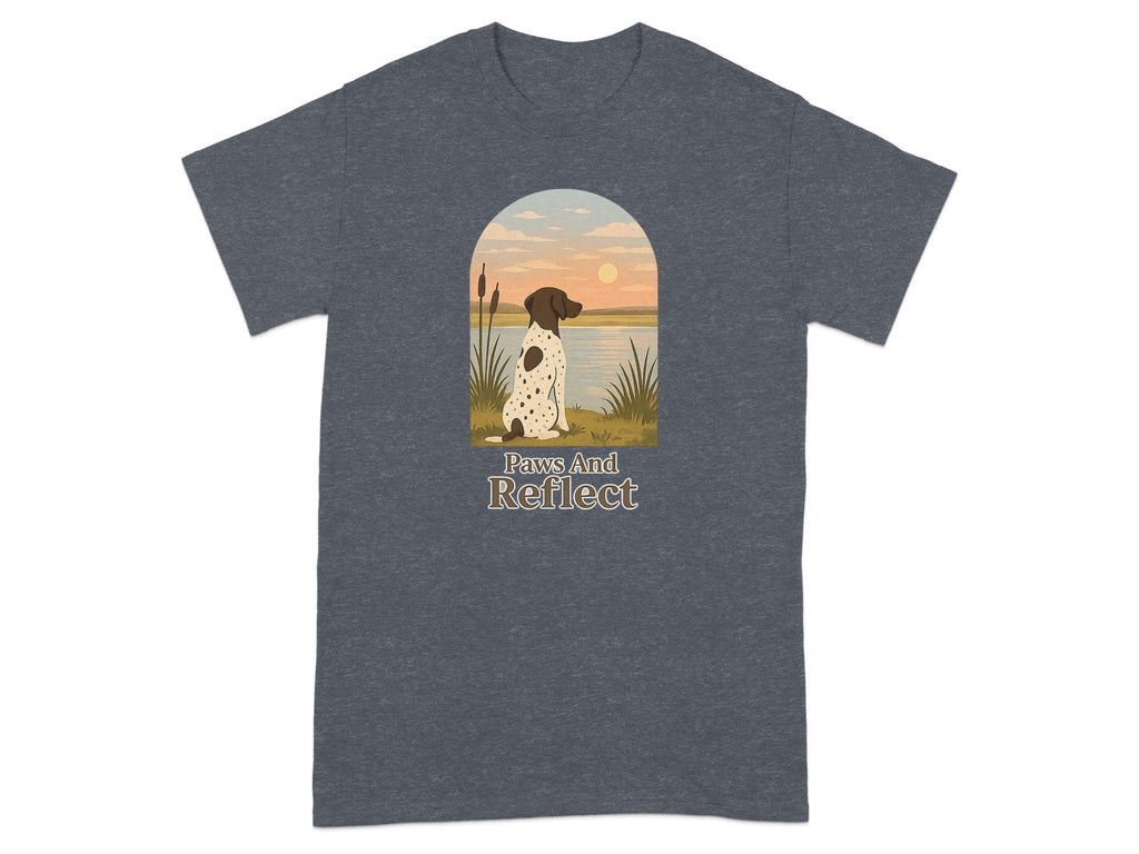 German Shorthaired Pointer looking at sunset with text "Paws And Reflect".