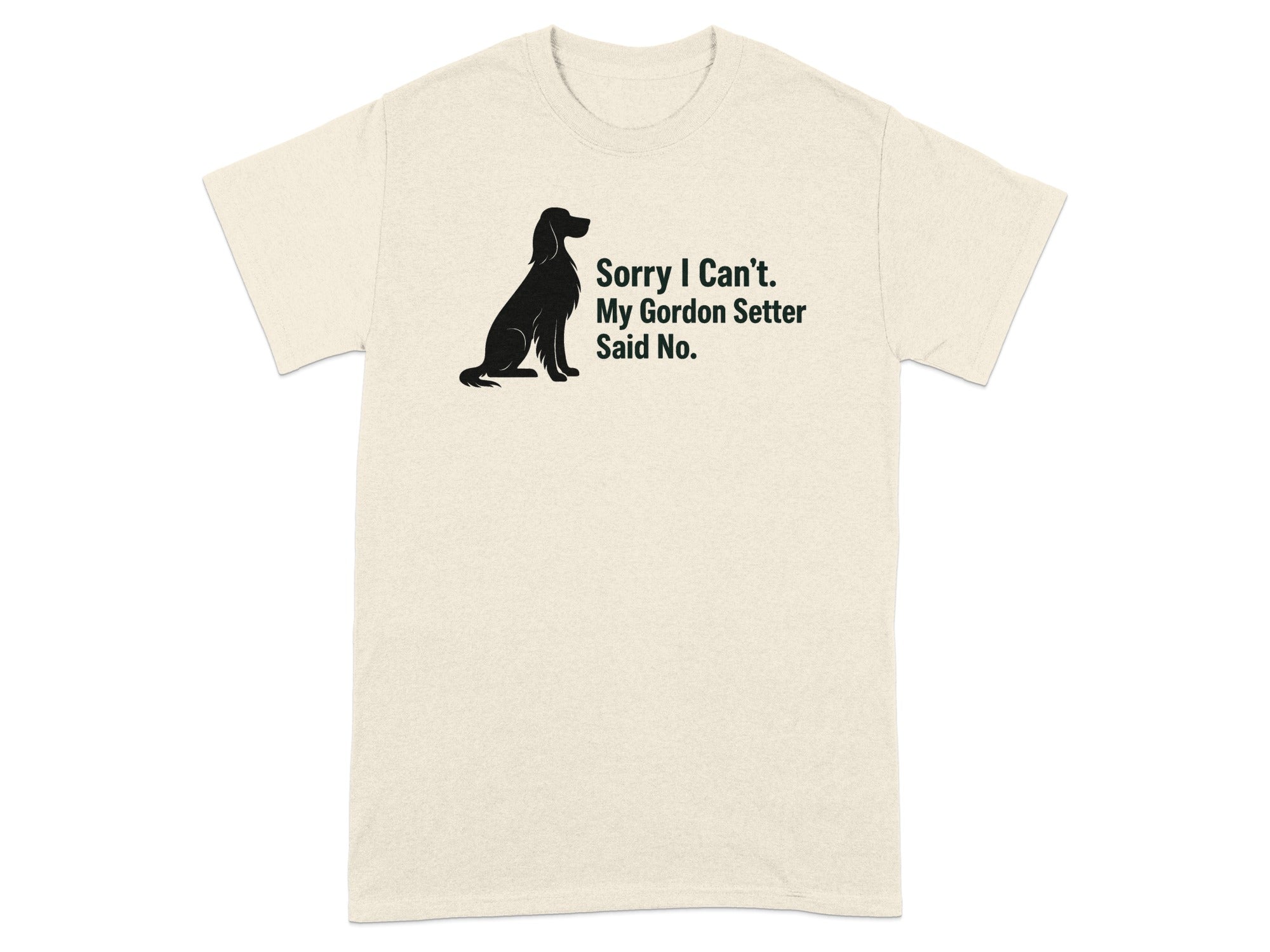 Cream t-shirt with black Gordon Setter silhouette and text.