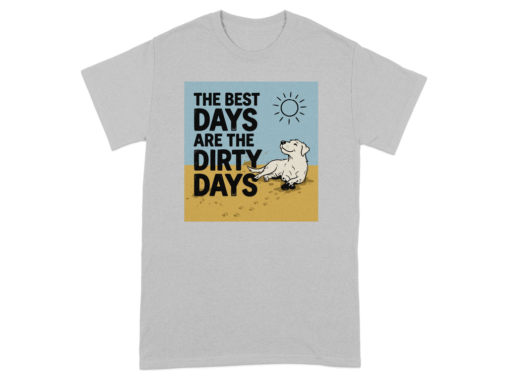 T-shirt with a graphic of a dog enjoying dirty paw prints and sun.