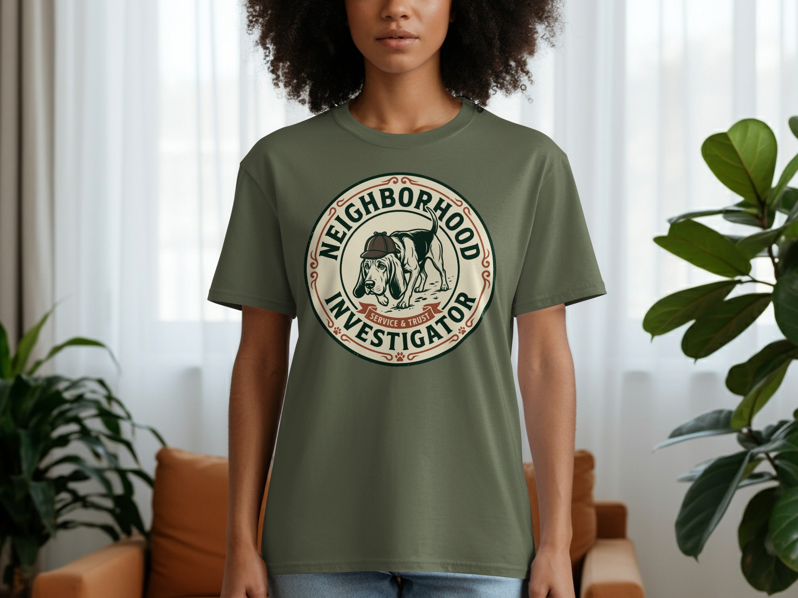 T-shirt with "Neighborhood Investigator Service & Trust" logo featuring a dog in a hat.