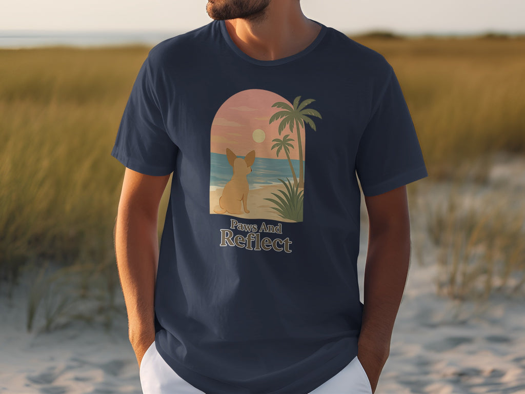 French bulldog on beach with palm trees and text "Paws And Reflect".