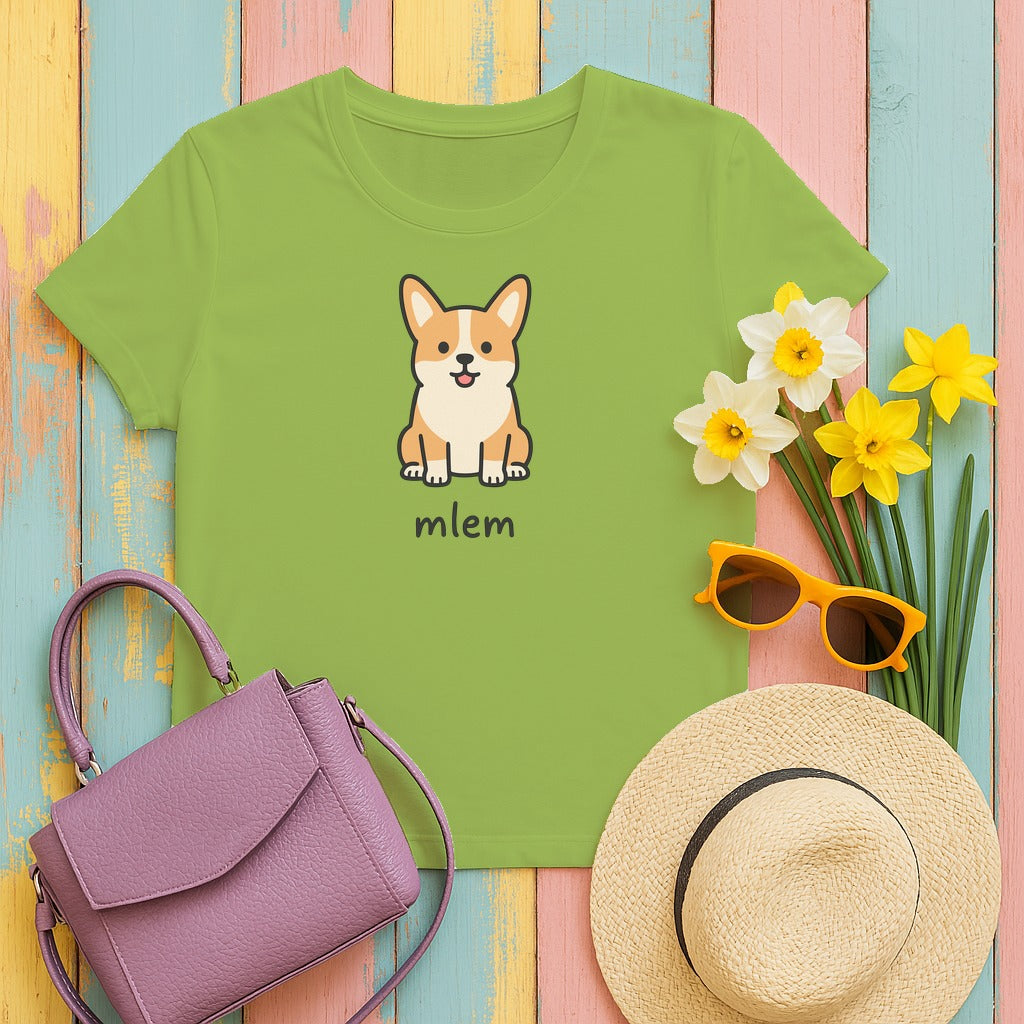 Cute Cartoon Corgi Mlem Funny Dog T-Shirt in Kiwi