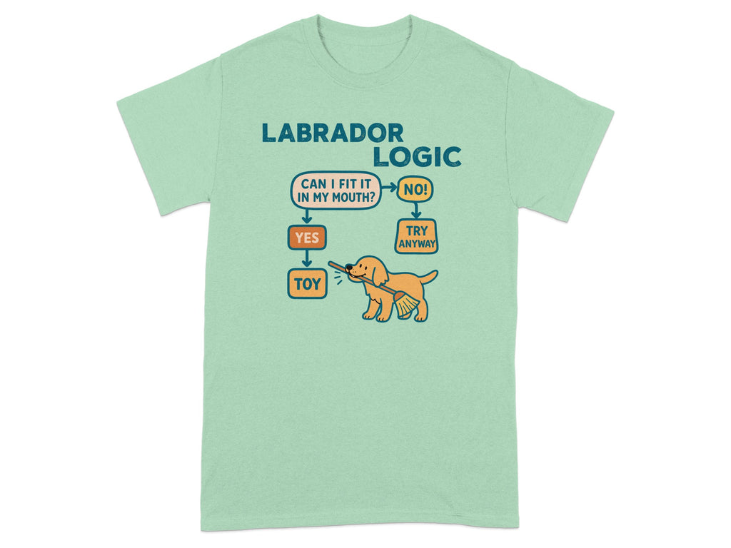 Labrador logic flowchart on a light green t-shirt showing a dog.