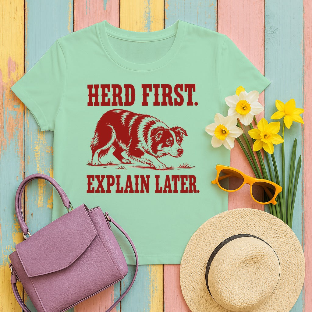 Herd First. Explain Later. Border Collie T-shirt in Mint Green