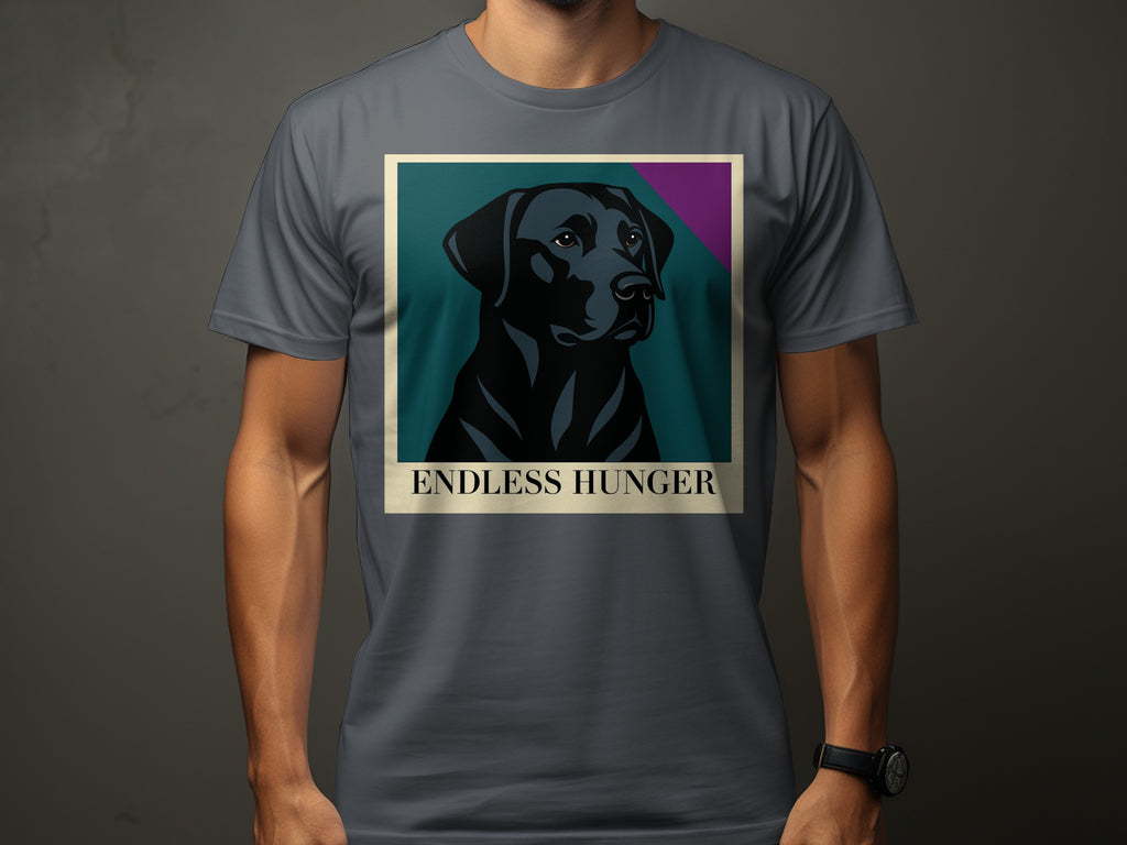 Black Labrador portrait with text "ENDLESS HUNGER" on a grey t-shirt.