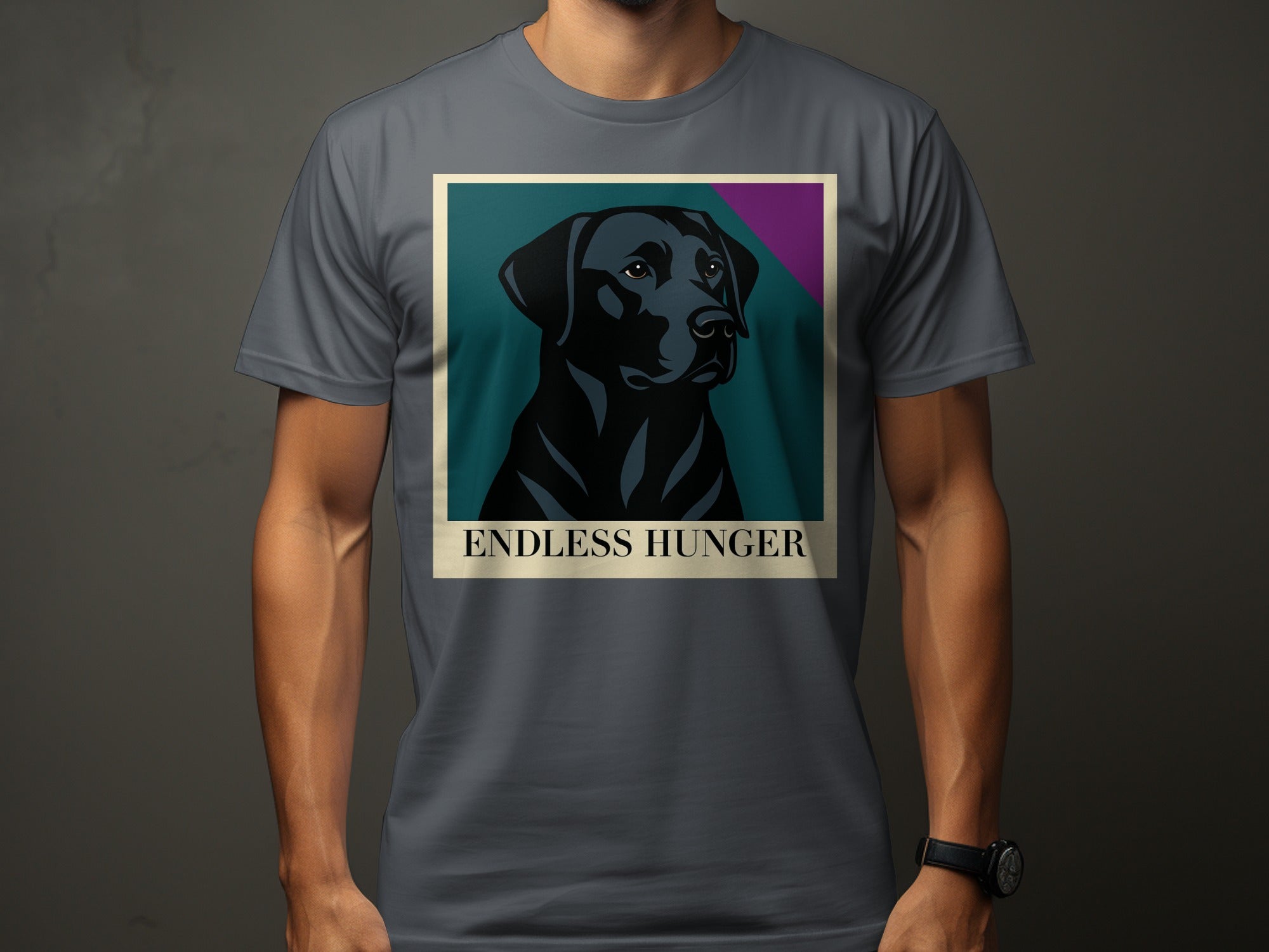 Black Labrador portrait with text "ENDLESS HUNGER" on a grey t-shirt.