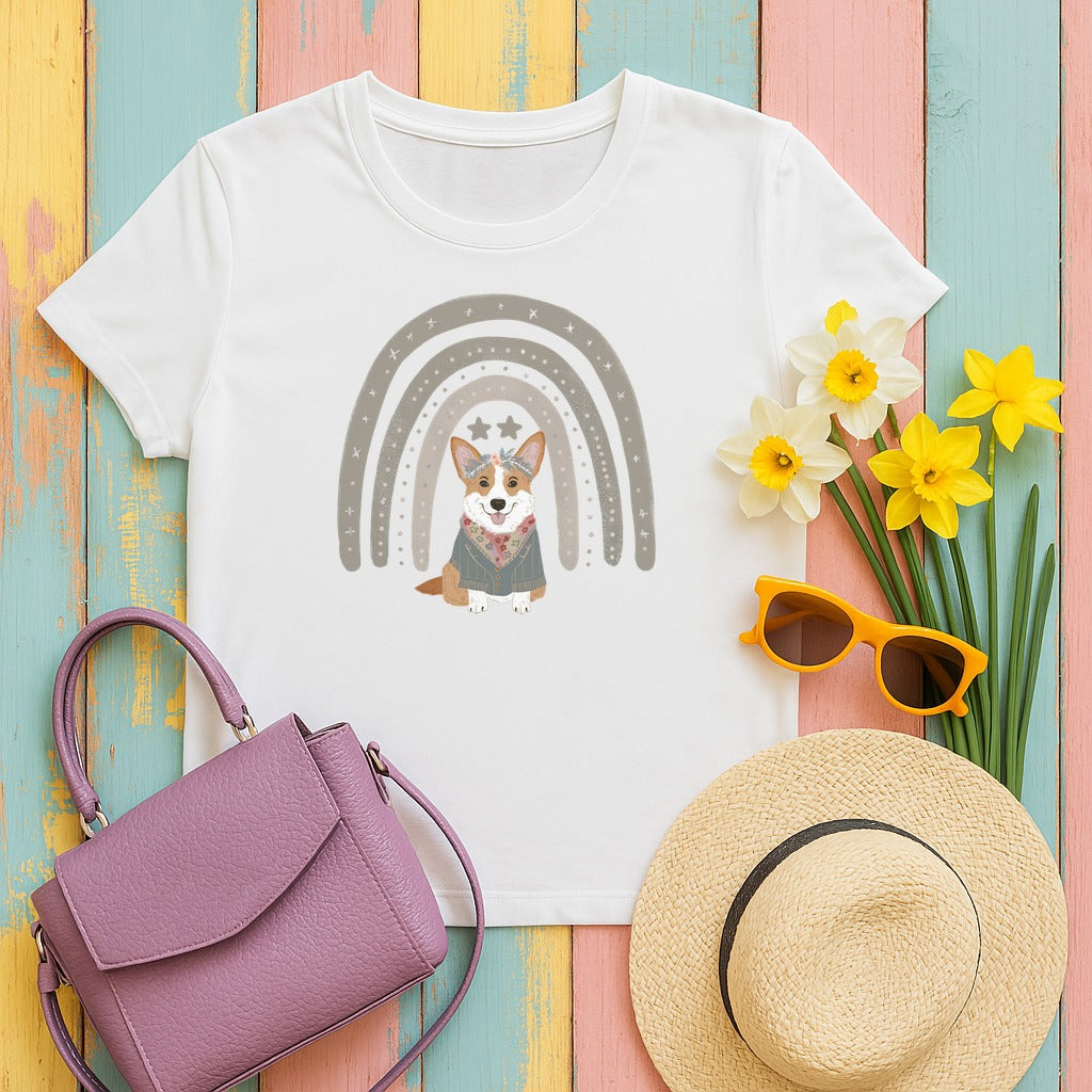 Cute Corgi with Rainbow Stars Print T-Shirts in White