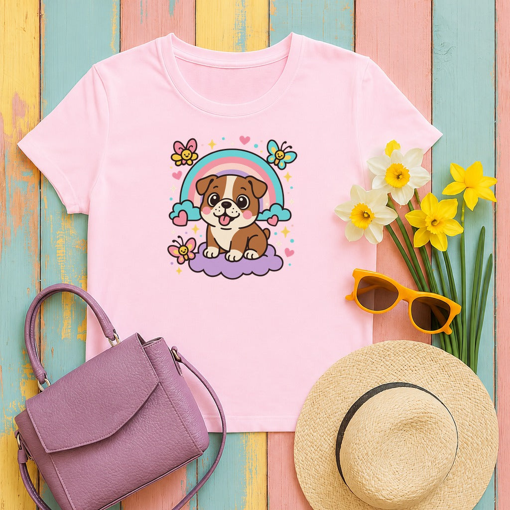 Adorable English Bulldog with Rainbow T-Shirt in Light Pink