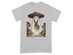 Basset hound UFO abduction scene in desert landscape with cacti and mesas.
