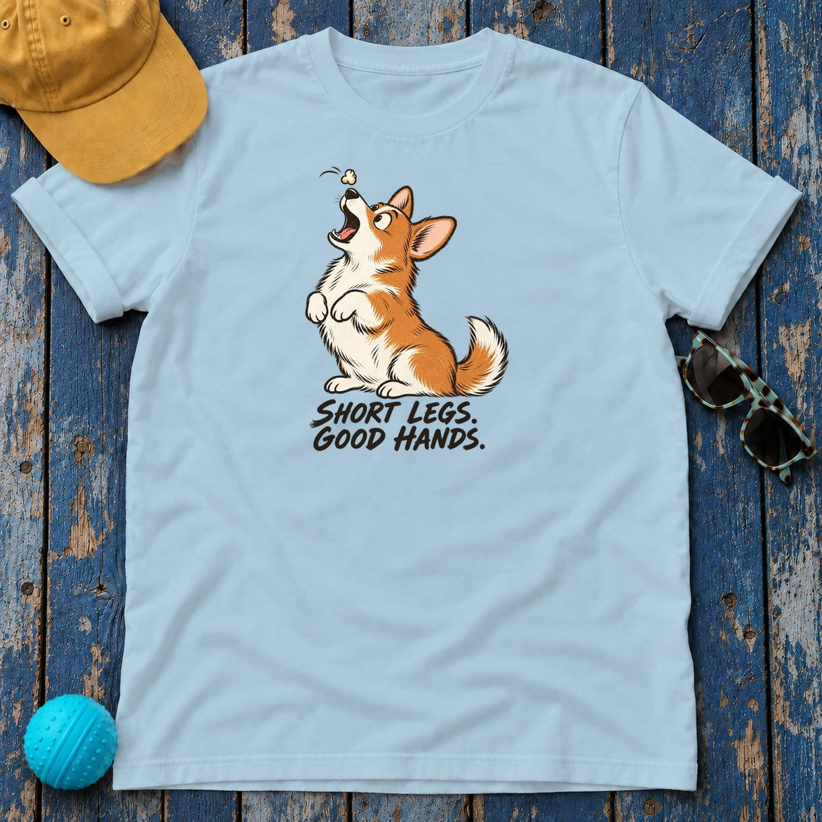 Short Legs Good Hands Corgi T-Shirt in Light Blue - flat lay