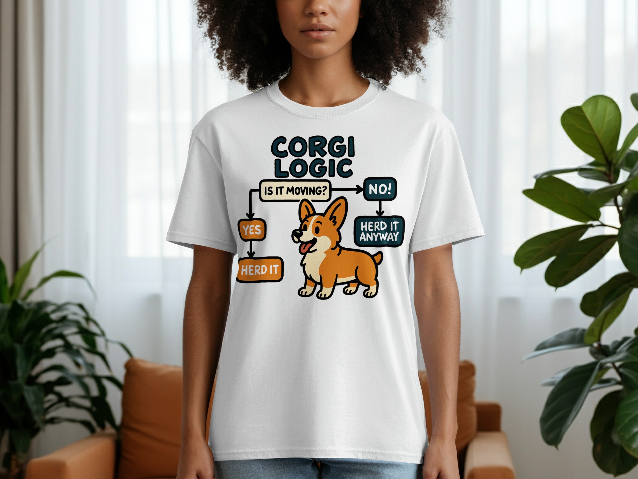 White t-shirt with "Corgi Logic" flowchart and a corgi illustration.