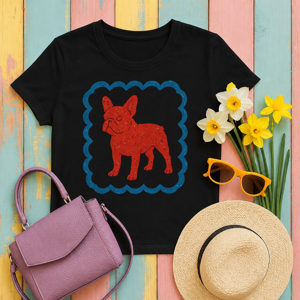 French Bulldog in Decorative Border Graphic Design T-Shirt in Black