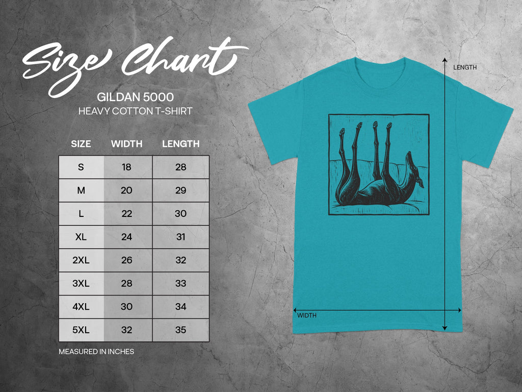 Gildan 5000 Heavy Cotton T-Shirt size chart with width and length measurements.