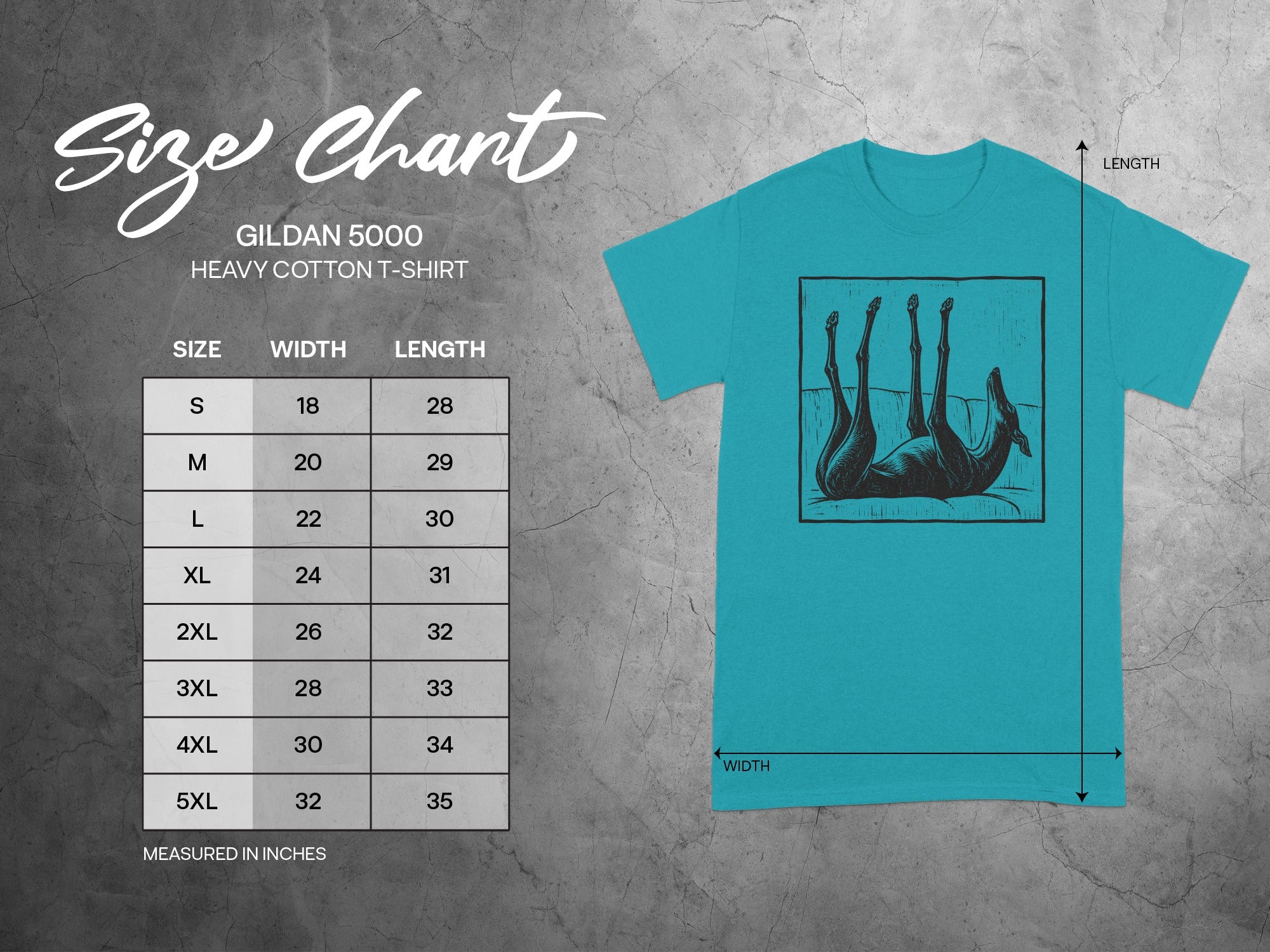 Gildan 5000 Heavy Cotton T-Shirt size chart with width and length measurements.