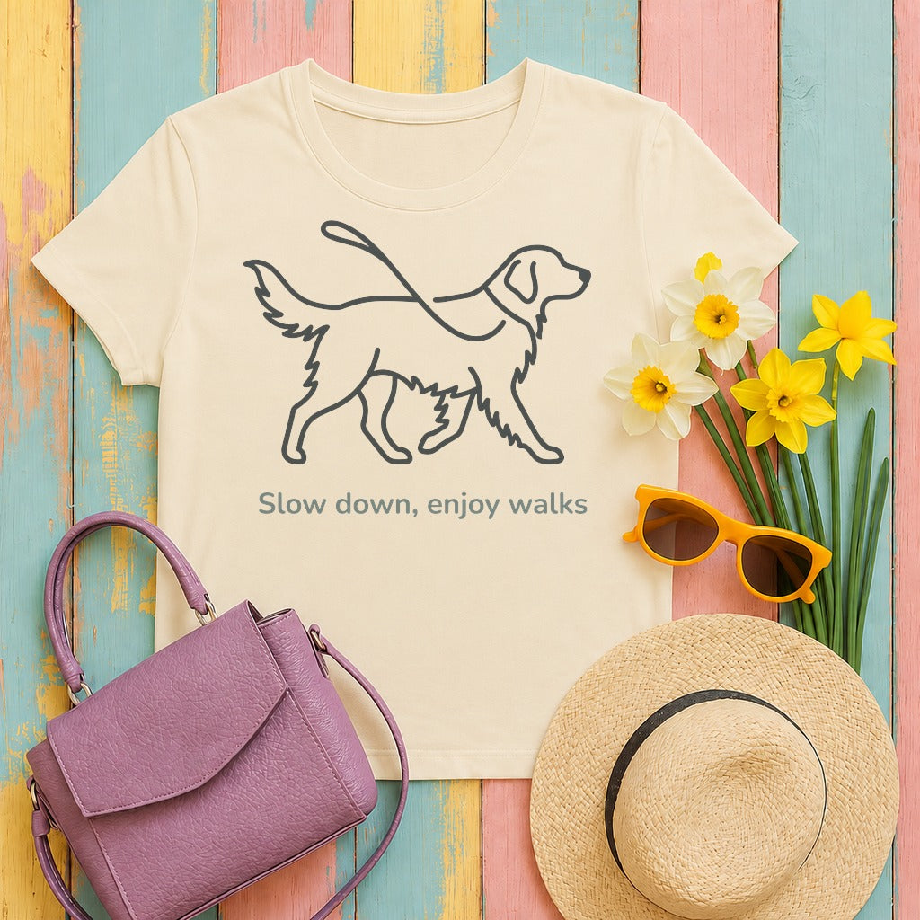 migbackfill dog-walks-golden-retriever-t-shirt tee flat lay hero v8