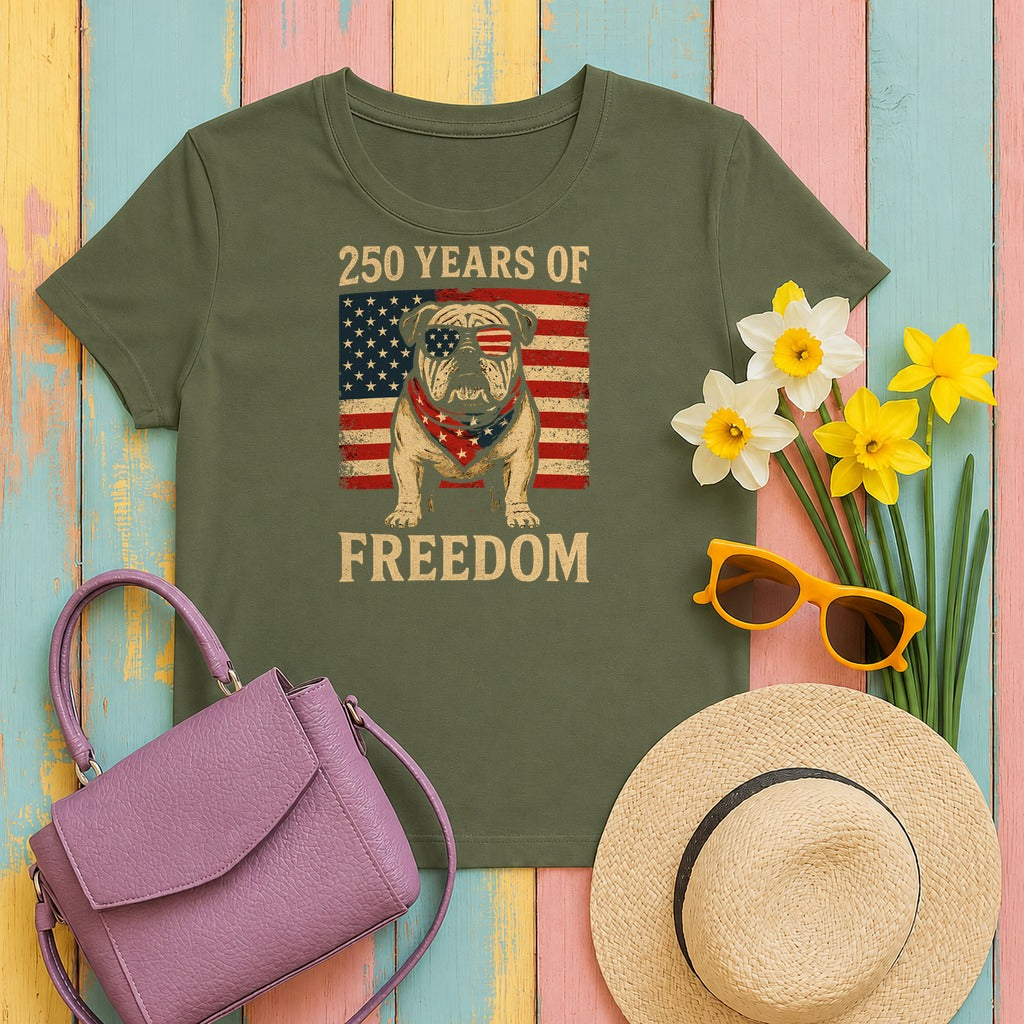 250 Years of Freedom Patriotic Bulldog USA Flag T-Shirt in Military Green