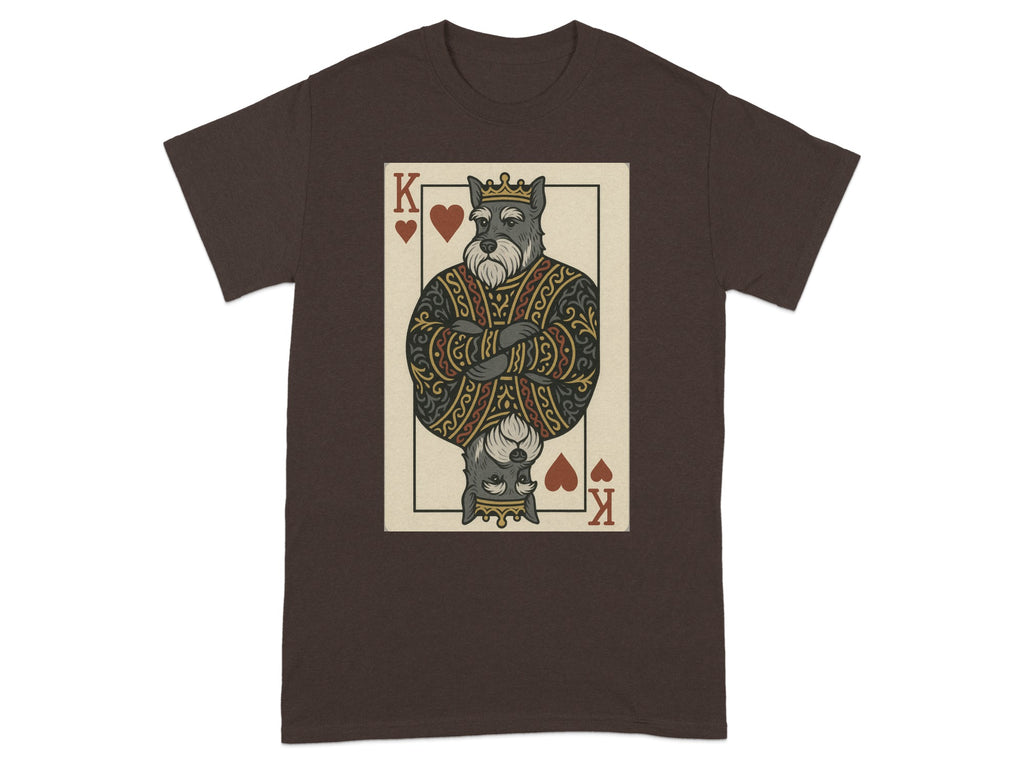 Brown t-shirt with a King of Hearts playing card featuring a schnauzer.
