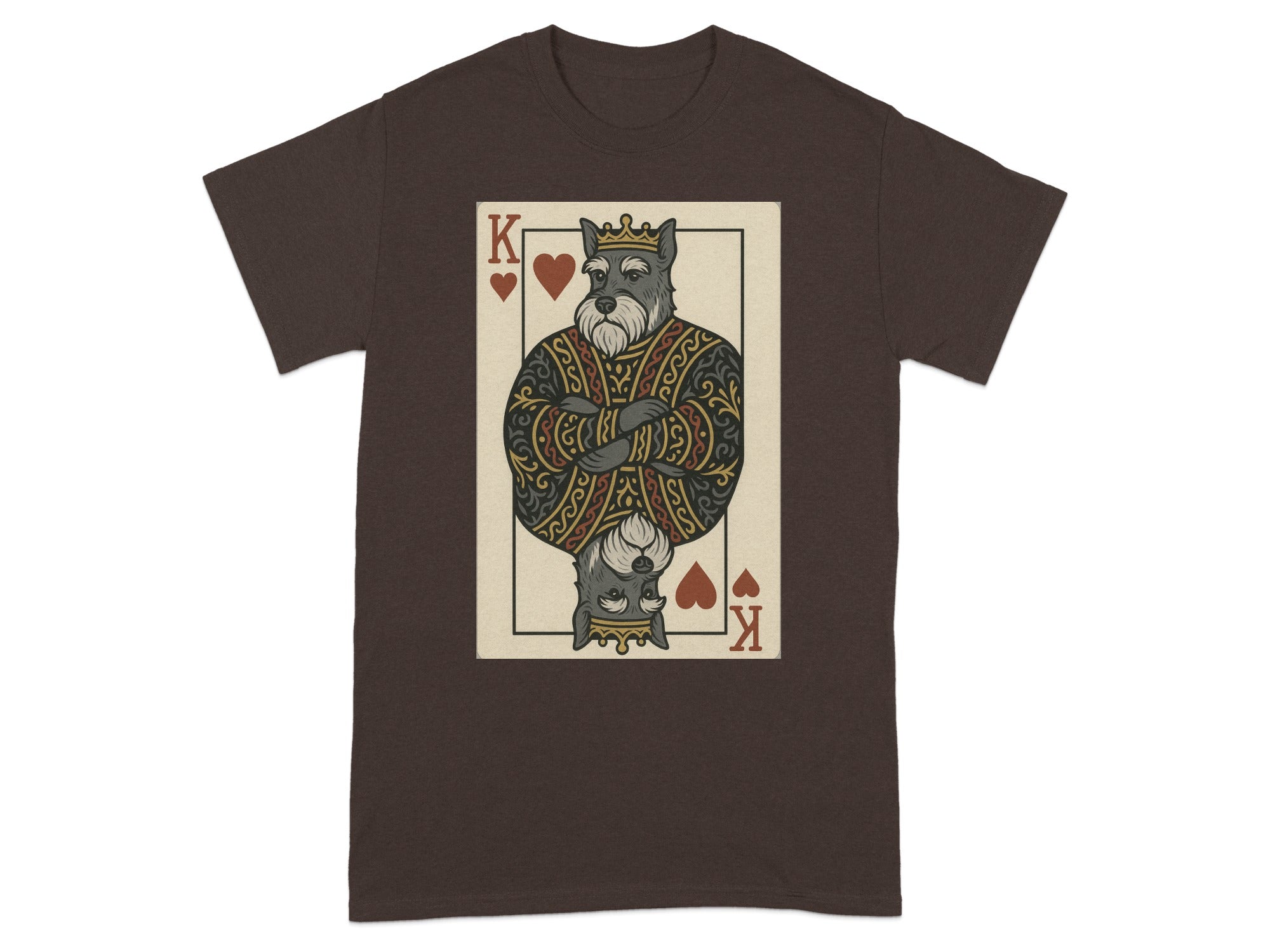 Brown t-shirt with a King of Hearts playing card featuring a schnauzer.