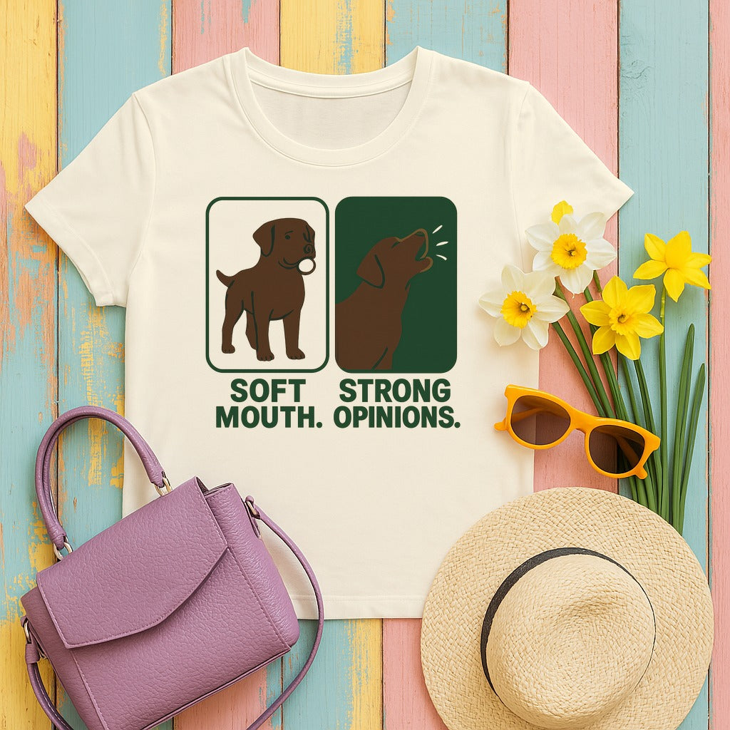 Chocolate Lab Soft Mouth Strong Opinions T-shirt in Natural