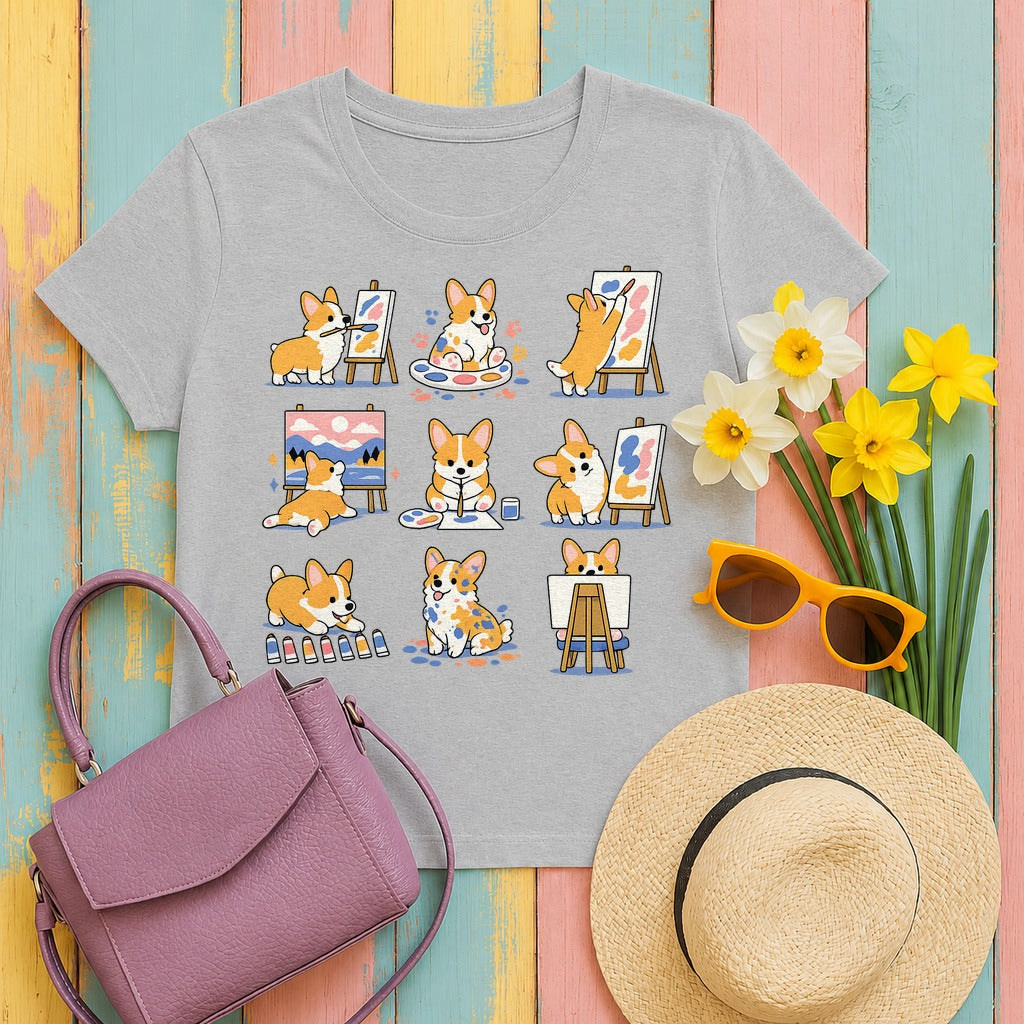 Whimsical Corgi Artist T-Shirt in Sport Grey