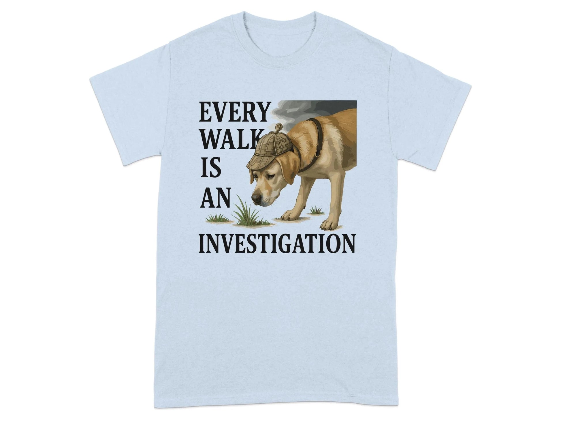 Every Walk Is An Investigation Yellow Lab T-Shirt Light Blue T-shirt