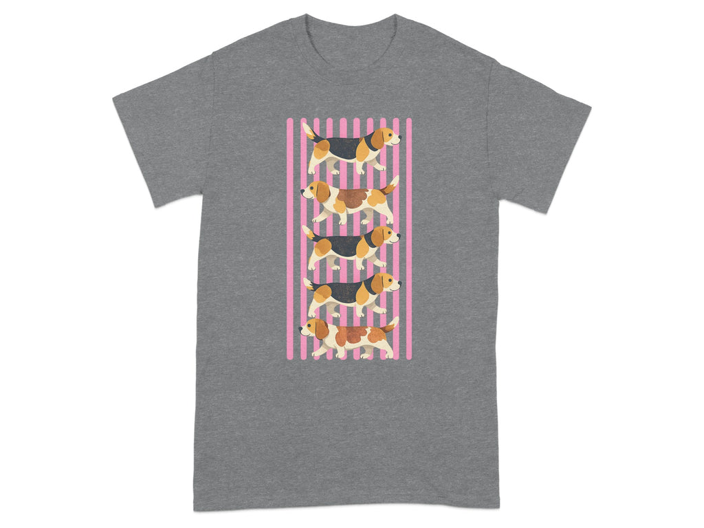 Grey t-shirt with cartoon beagles walking on pink stripes.