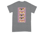 Grey t-shirt with cartoon beagles walking on pink stripes.