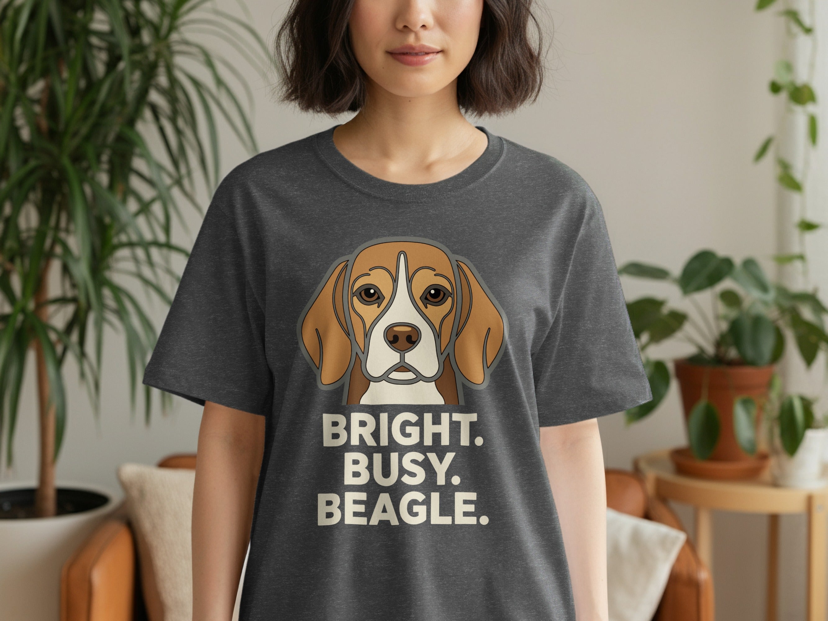 Dark grey t-shirt with a beagle illustration and text.