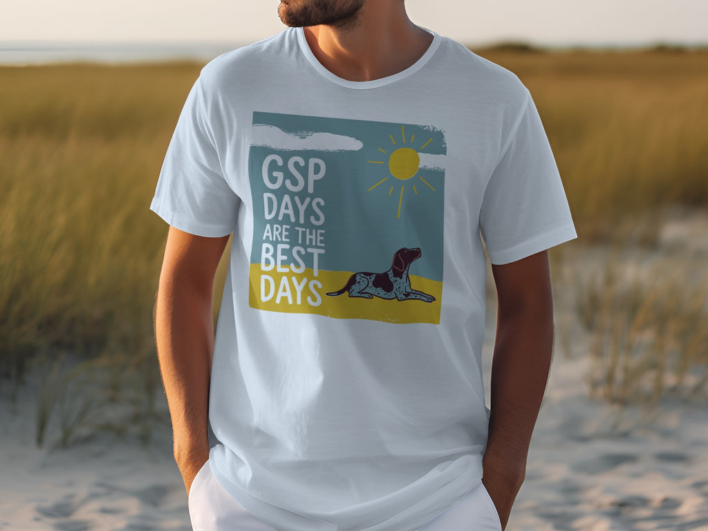 White t-shirt with "GSP DAYS ARE THE BEST DAYS" and a dog graphic.
