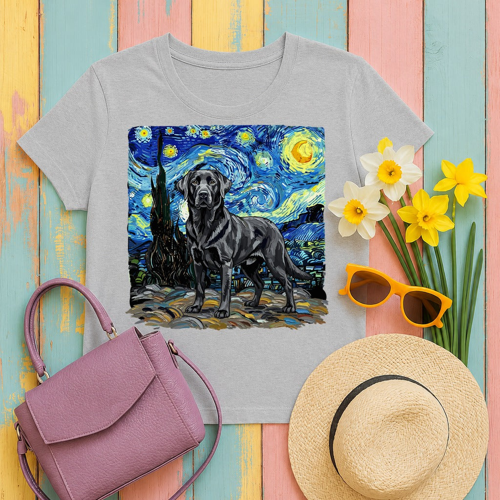 Black Labrador Dog in Starry Night Landscape T-Shirt in Sport Grey