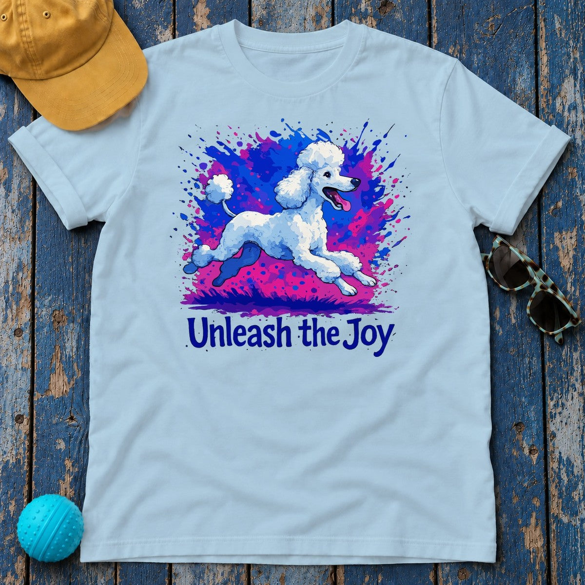 Joyful Poodle Splash Art T-Shirt in Light Blue