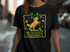 Golden retriever on a scooter with green bow and text "OFF TO HAVE A CRASHOUT".