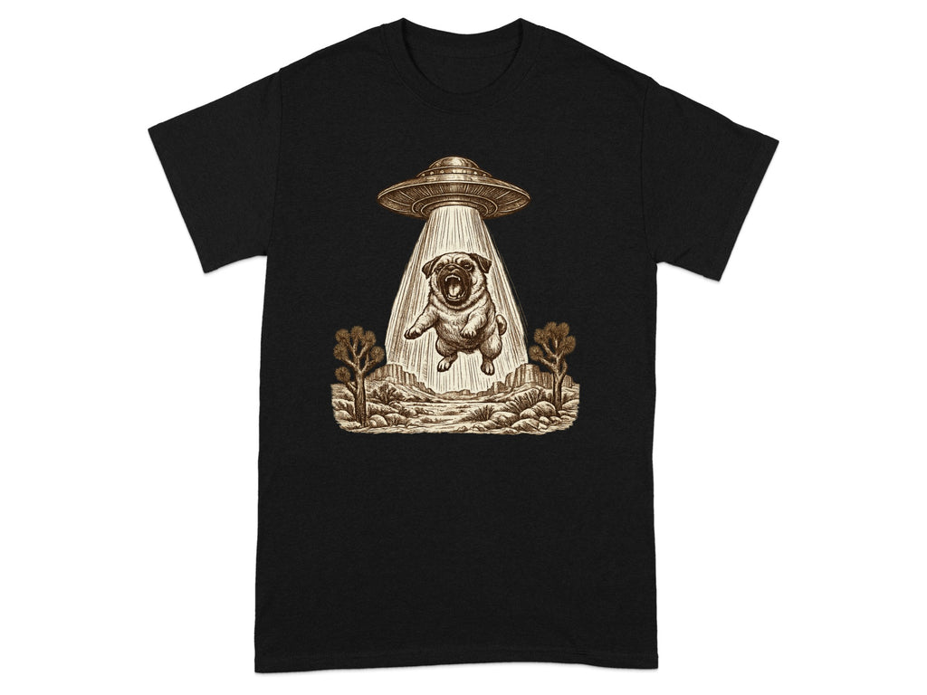 Illustration of a pug being abducted by a UFO in a desert landscape.