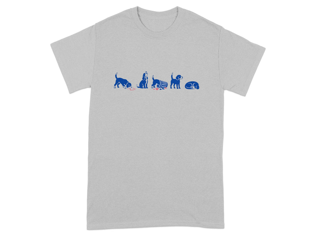Gray t-shirt with five blue dog illustrations: eating, howling, spilling, standing, and sleeping.