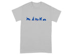 Gray t-shirt with five blue dog illustrations: eating, howling, spilling, standing, and sleeping.