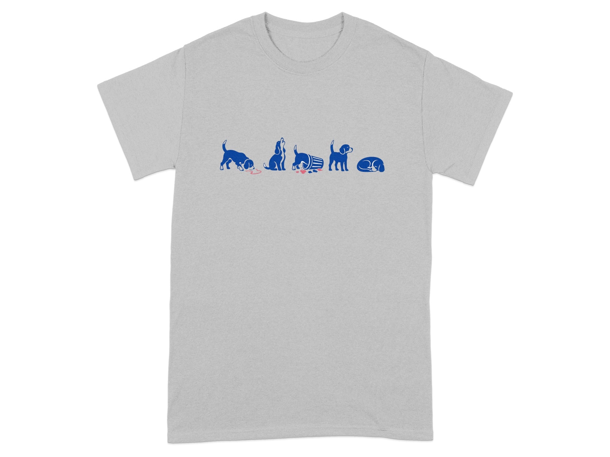 Gray t-shirt with five blue dog illustrations: eating, howling, spilling, standing, and sleeping.