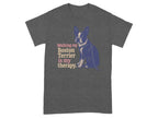 Dark gray t-shirt with Boston Terrier graphic and text "Walking my Boston Terrier is my therapy".