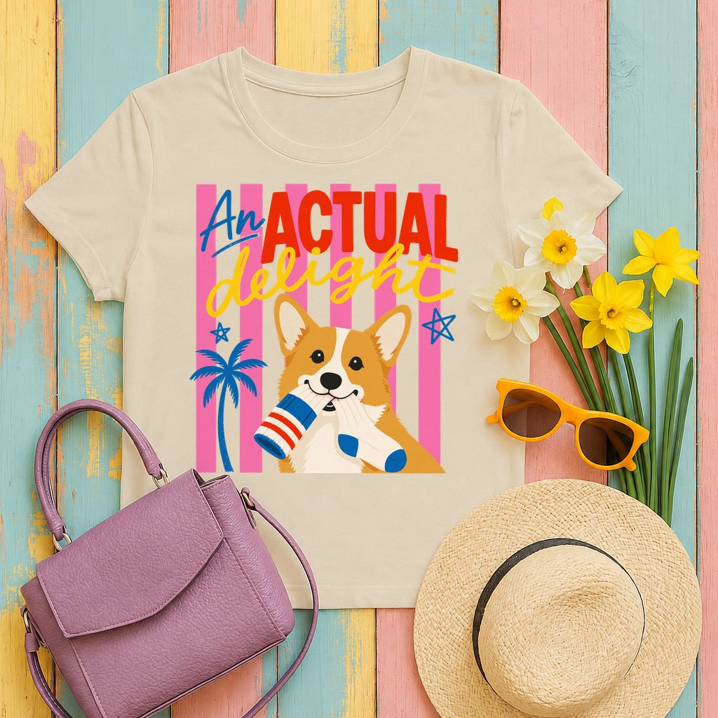 The Actual Delight Corgi Graphic T-shirt in Sand