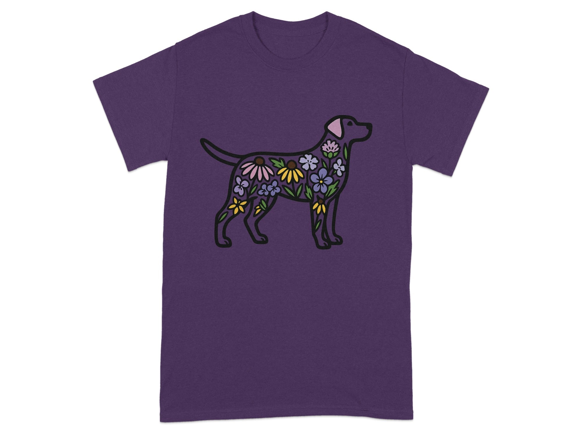 Purple T-shirt with Dog and Flower Graphic Design