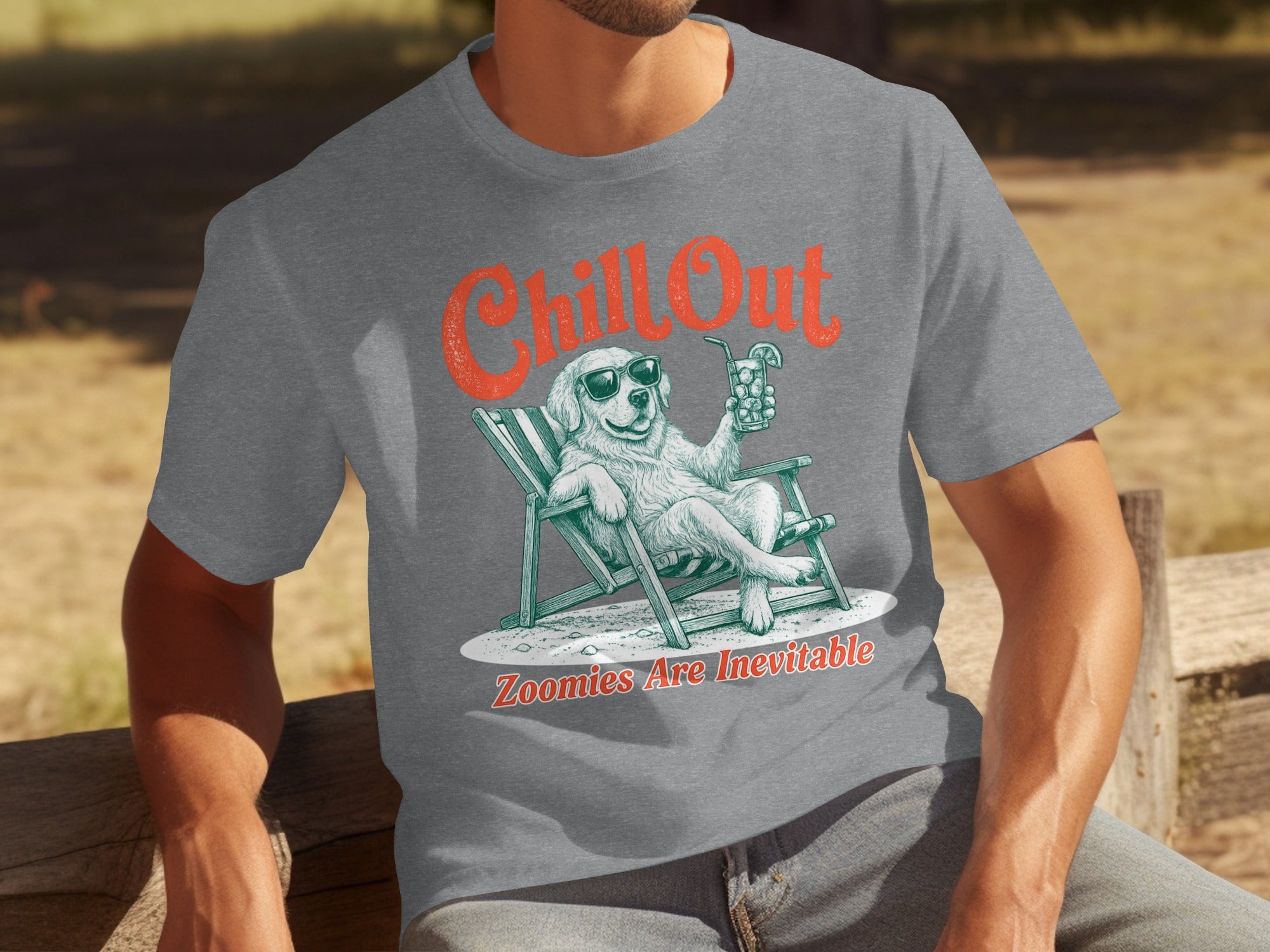 T-shirt graphic with a dog in a lounge chair holding a drink and wearing sunglasses.
