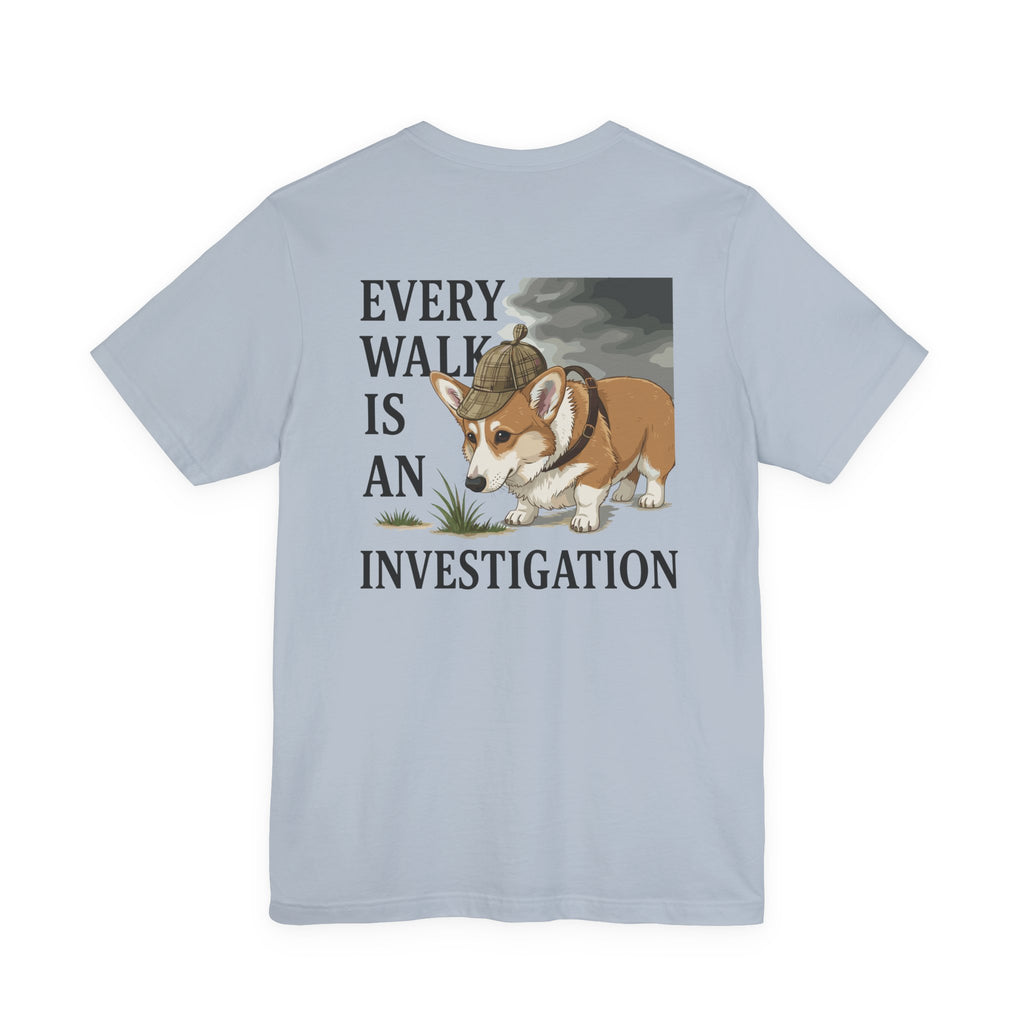 Every Walk Corgi Dog Detective Back Print Tee in Light Blue, back