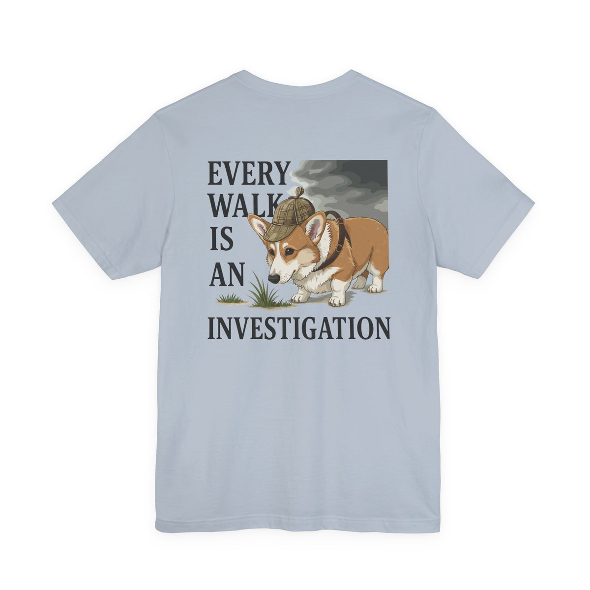 Every Walk Corgi Dog Detective Back Print Tee in Light Blue, back