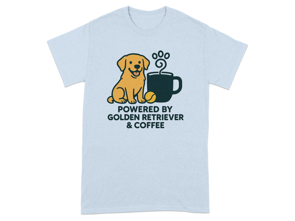 Light blue t-shirt with text "POWERED BY GOLDEN RETRIEVER & COFFEE".
