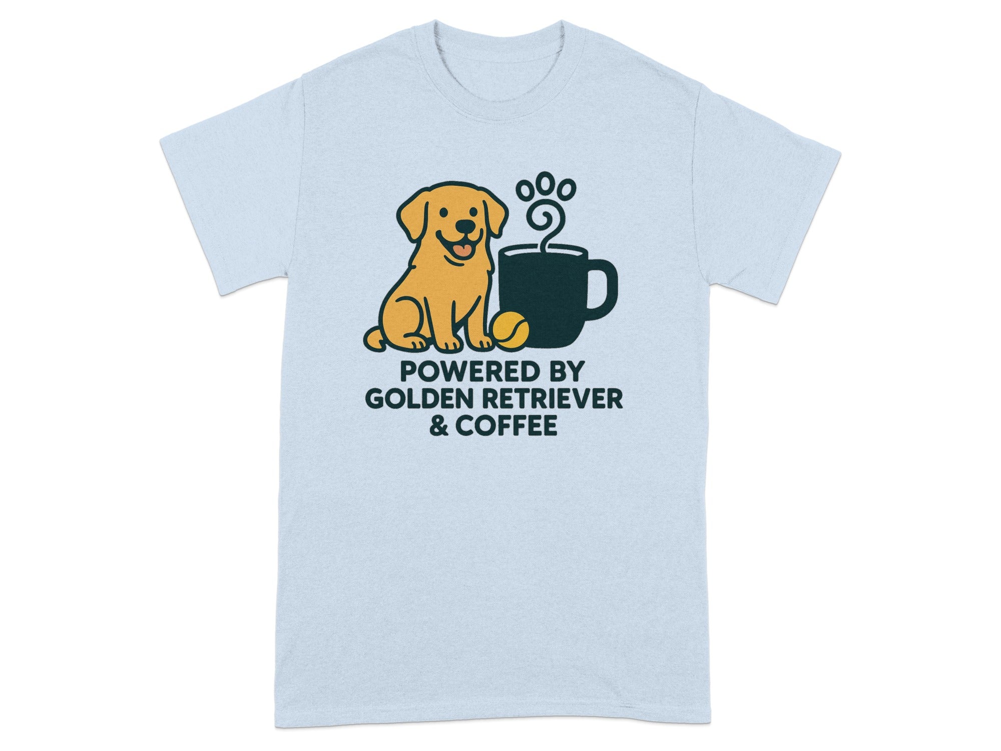 Light blue t-shirt with text "POWERED BY GOLDEN RETRIEVER & COFFEE".