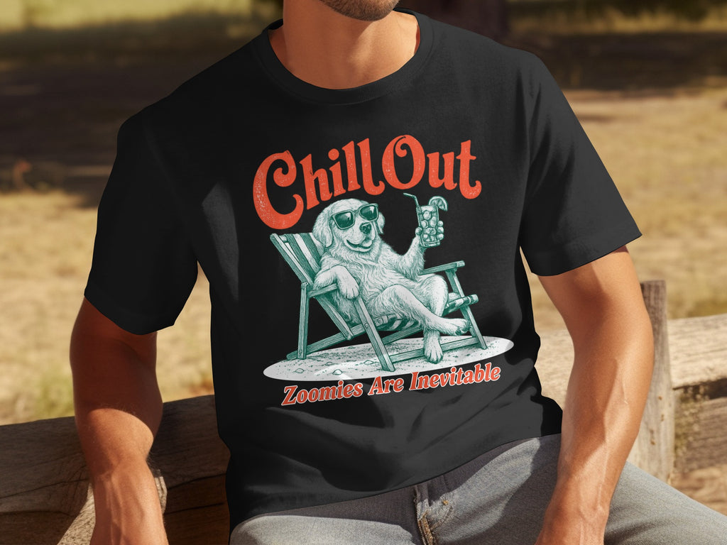Black t-shirt with a relaxed dog in a deck chair, wearing sunglasses and holding a drink.