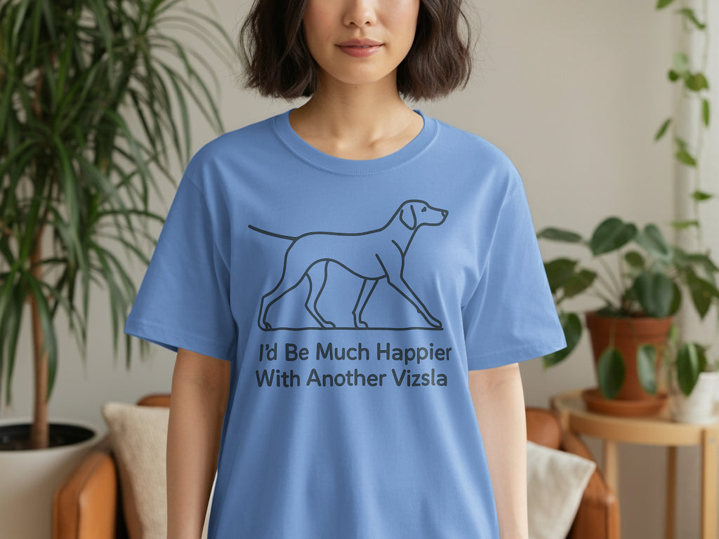 Blue t-shirt with black line drawing of a Vizsla and text.