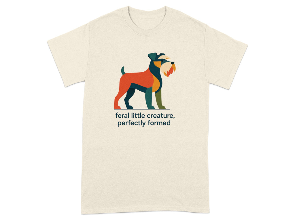 Cream t-shirt with colorful geometric dog artwork and text.