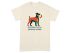 Cream t-shirt with colorful geometric dog artwork and text.