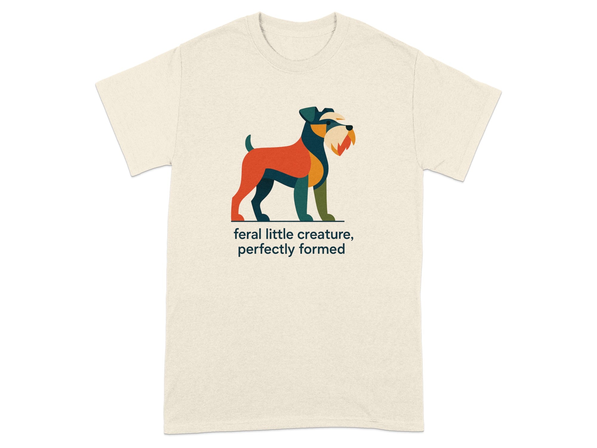 Cream t-shirt with colorful geometric dog artwork and text.