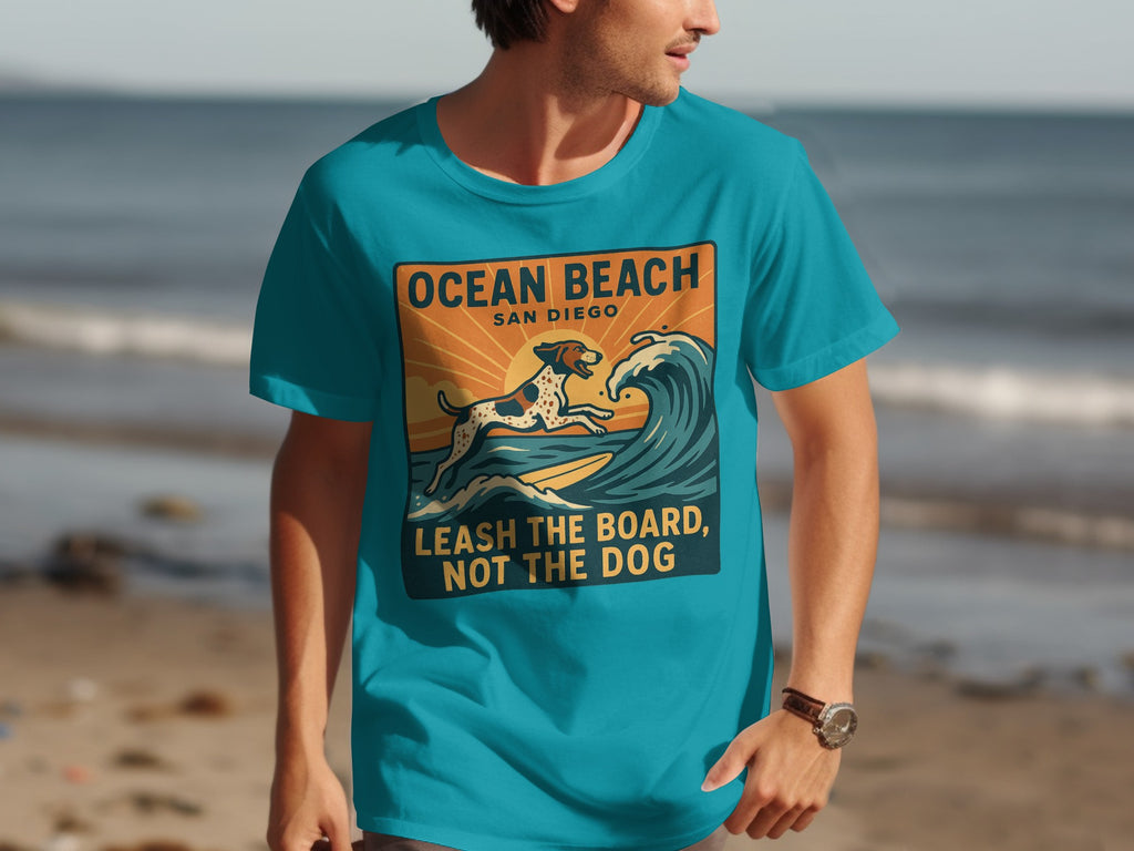 Ocean Beach San Diego Surfing Dog Graphic Tee Shirt product type